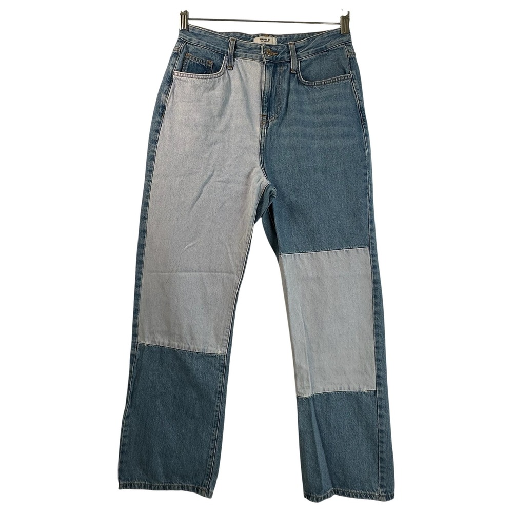 Forever 21 Womens Patchwork Colorblock Straight Leg High Rise Blue Jeans Size 28